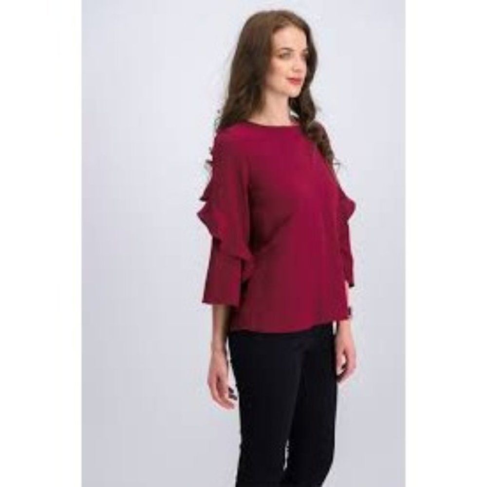 Alfani Womens Burgundy Ruffle Mid Sleeve Round Neck Back Zip Blouse Top Size PM